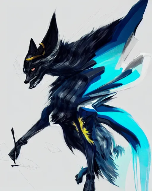 Image similar to concept art of winged wolf neon blue and black, highly detailed painting by dustin nguyen, akihiko yoshida, greg tocchini, 4 k, trending on artstation, 8 k