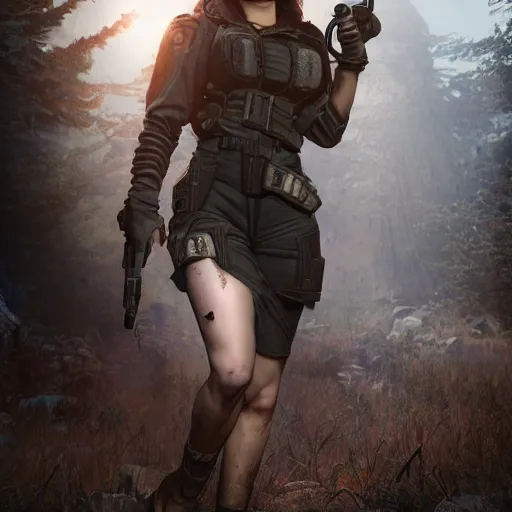 Image similar to fallout 5, charismatic beautiful rugged brunette female protagonist, portrait, outdoors in front of the entrance to vault 1 5 6, atmospheric lighting, painted, intricate, volumetric lighting, beautiful, daytime, sunny weather, slight overcast, sharp focus, deep colours, ultra detailed, by leesha hannigan, ross tran, thierry doizon, kai carpenter, ignacio fernandez rios