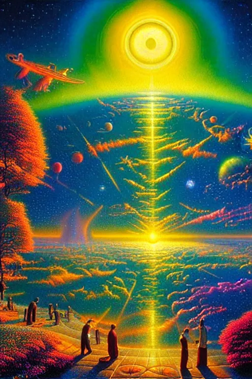 Prompt: a photorealistic detailed cinematic image of a beautiful vibrant iridescent future for human evolution, spiritual science, divinity, utopian, ground view, by david a. hardy, kinkade, lisa frank, wpa, public works mural, socialist
