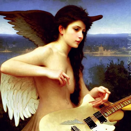 Image similar to an oil painting of an epic angel playing an electric guitar, by Bouguereau, highly detailed and intricate,