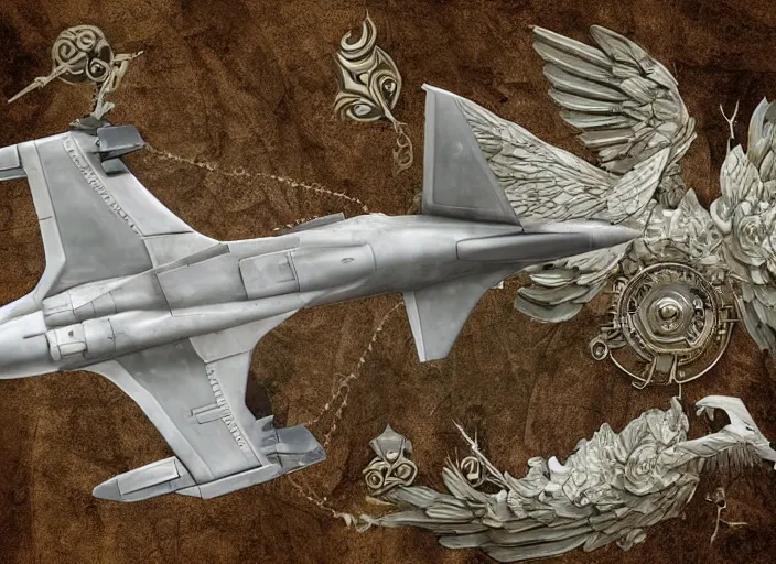 Prompt: a 3 d scene of an angelic military aircraft fighter jet with swan wings with ornate rococo patterns flying over an enchanted forest, biopunk, fantasy setting