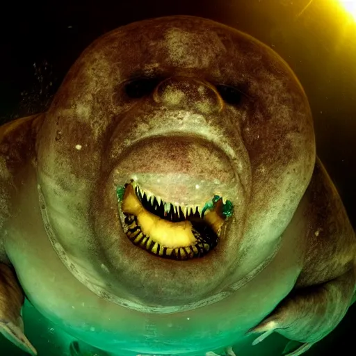 Prompt: A massive creature underwater rising up to eat the camera. Dream like, dark, dreary, underwater photo.