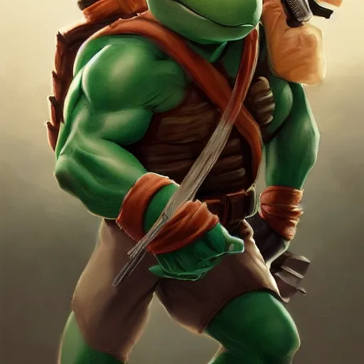 Image similar to teenage mutant ninja turtle, michelangelo, handsome, portrait, intricate, detailed, volumetric lighting, scenery, digital painting, highly detailed, artstation, sharp focus, illustration, concept art, ruan jia, steve mccurry