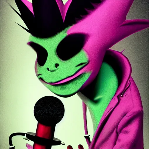 Image similar to a pink punk rock rapper alien with black spiked hair, an airbrush painting by Jamie Hewlett, cgsociety, symbolism, antichrist, aesthetic, 8k