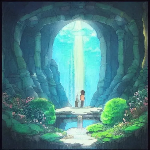 Prompt: “ ancient portal to other dimension in middle of waterfall in studio ghibli film, very detailed, masterpiece, chinese water color painting ”