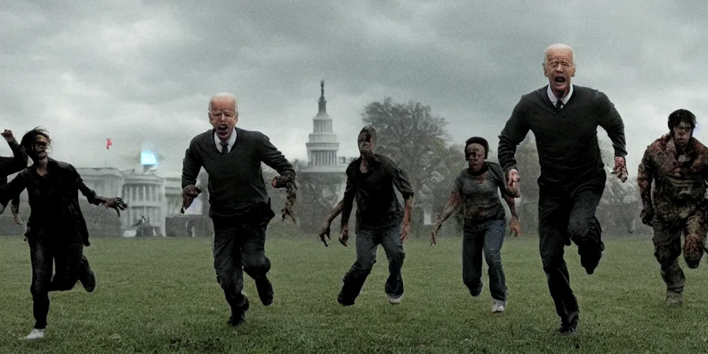 Image similar to movie still of joe biden running away from a hoard of infected zombies on the white house lawn in the movie 2 8 days later, detailed, real, cinematic