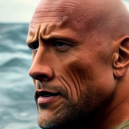 Image similar to close up cinematic still of Dwayne Johnson in JAWS