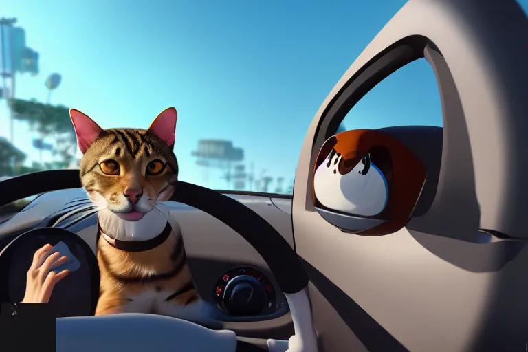 Prompt: A dog dressed as a cat driving a car, Gorgeous art, childish, Trending on Artstation, Unreal Engine 5, High-octane dog action, the dog is disguised as a cat