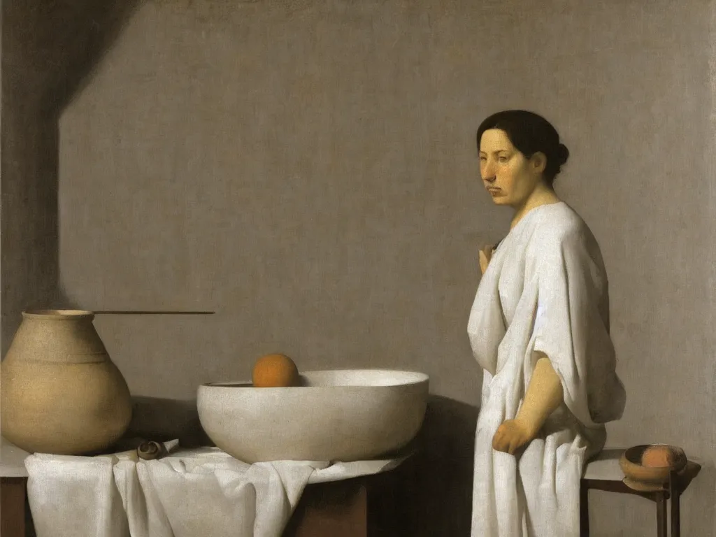 Prompt: Portrait of a woman in the bathtub with amphora, white cloth and crane. Still life. White Opal, marble teracotta. Painting by Zurbaran, Hammershoi, Morandi