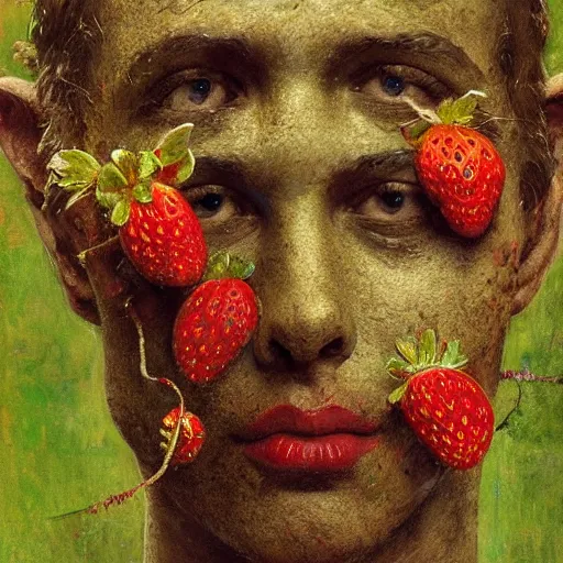 Prompt: a sculpture portrait made of moss and strawberries and mud and plants, painting part by wojciech siudmak, part by ilya repin, part by max ernst, part by norman rockwell, artstation