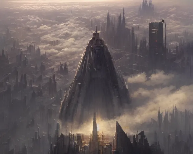 Prompt: great city above the clouds, a sci-fi digital painting by Greg Rutkowski and James Gurney, trending on Artstation, eerily beautiful, highly detailed