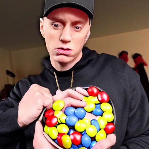 Prompt: Eminem disguised as an M&M