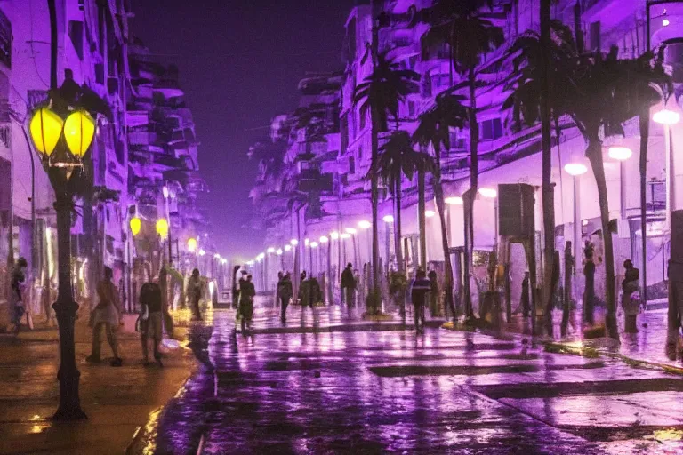 Image similar to cyberpunk rio de janeiro ipanema pao de acucar at night streetlights glowing purple beach painted by monet