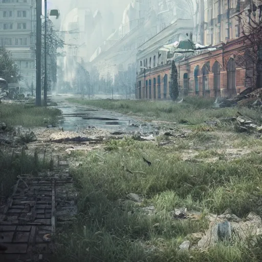 Prompt: post-apocalyptic overgrown moscow after losing the war, digital art, octane render, beautiful composition, trending on artstation, masterpiece