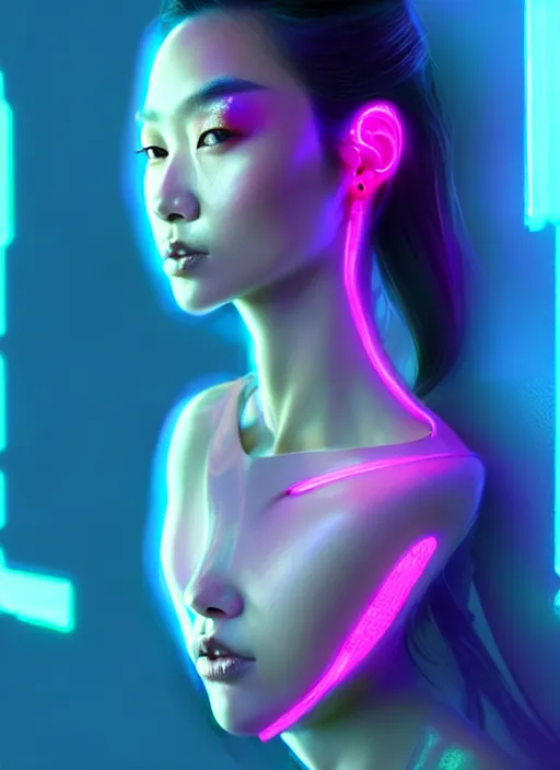 Image similar to an extremely beautiful asian female humanoid with freckle cheeks, cyber neon lighting, by loish, d & d, fantasy, futurism, cyberpunk fashion clothes, elegant profile posing, perfect anatomy, hyper photorealistic, digital photography, artstation, pinterest, concept art, art by pascal blanche and greg rutkowski,