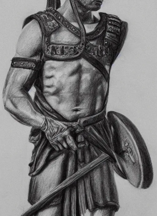 Image similar to a realistic pencil drawing of a adult roman soldier at the in gaul, extremely pronounced masculine features, low dutch angle, face in focus, natural lighting, realism, strong muscular features