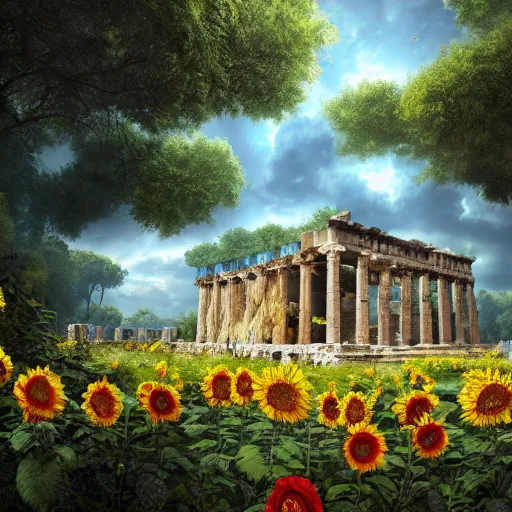 Prompt: beautiful highly detailed digital illustration of roses and sunflowers in front of a greek palace ruins in the forest. by Andreas Rocha, dramatic clouds, establishing shot, cinematic, architecture, artstation HQ, HD, 8k resolution, featured in art magazine, amazing depth, octane render, unreal engine 5