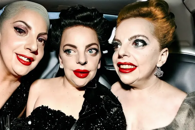 Image similar to lady gaga and judy garland doing carpool karaoke, lady gaga and judy garland, carpool karaoke, lady gaga, judy garland, carpool karaoke, youtube video screenshot, the late late show with james cordon