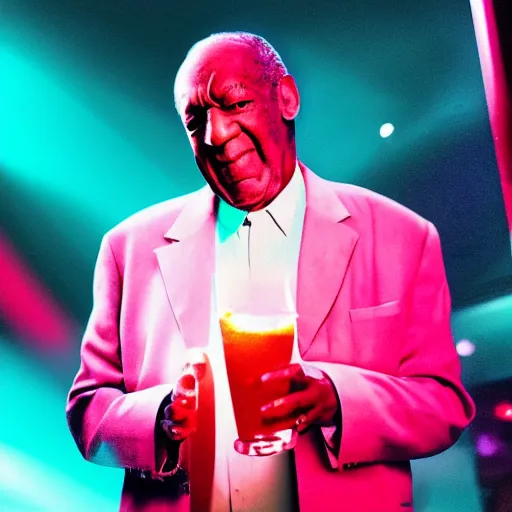 Image similar to an award winning cinematic still of Bill Cosby offering large glowing drink in nightclub background, sinister colorful 16k hyper realistic photograph, centered, dramatic lighting