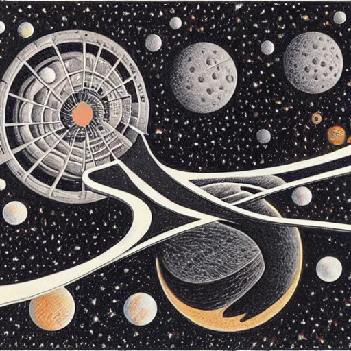 Prompt: Liminal space in outer space by M.C. Escher, colorized