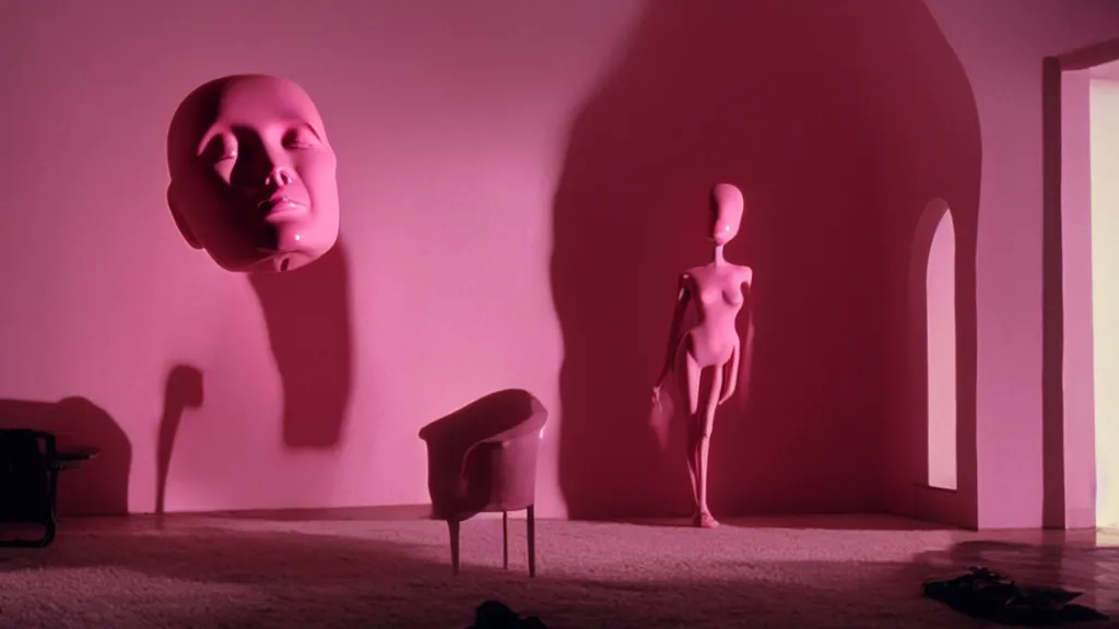 Image similar to a giant pink mannequin head in the middle of a living room, film still from the movie directed by denis villeneuve with art direction by zdzisław beksinski, wide lens