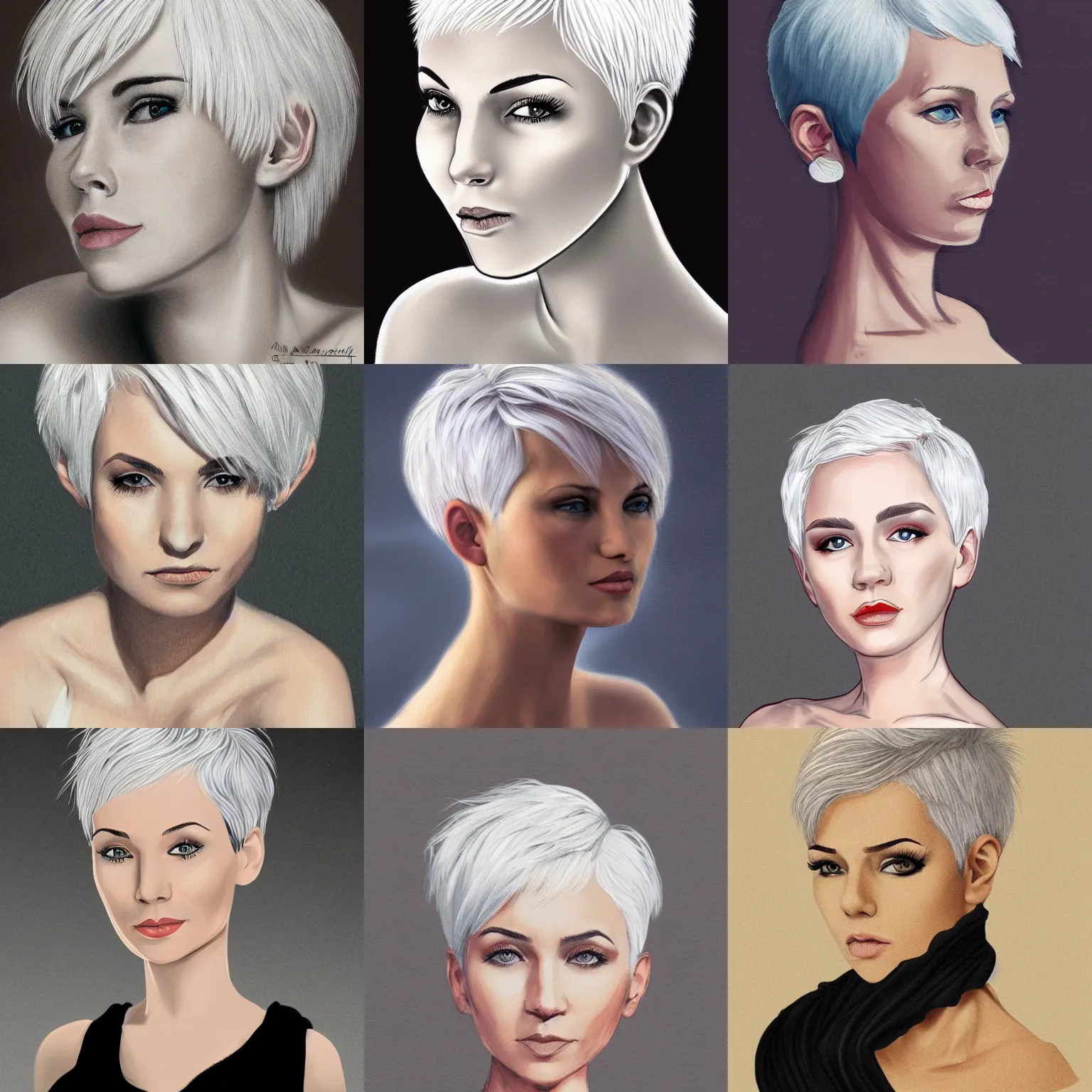 Prompt: portrait of a woman with short white hair, medium shot, illustration, highly detailed, high quality,