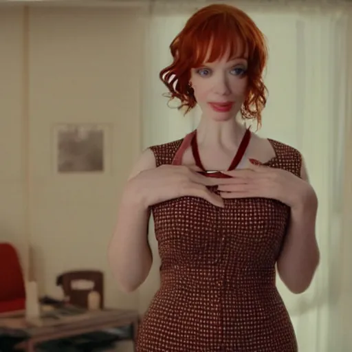 Image similar to a very surprised looking beautiful Christina Hendricks in a miniskirt in the living room, film still from the movie directed by Denis Villeneuve , wide lens