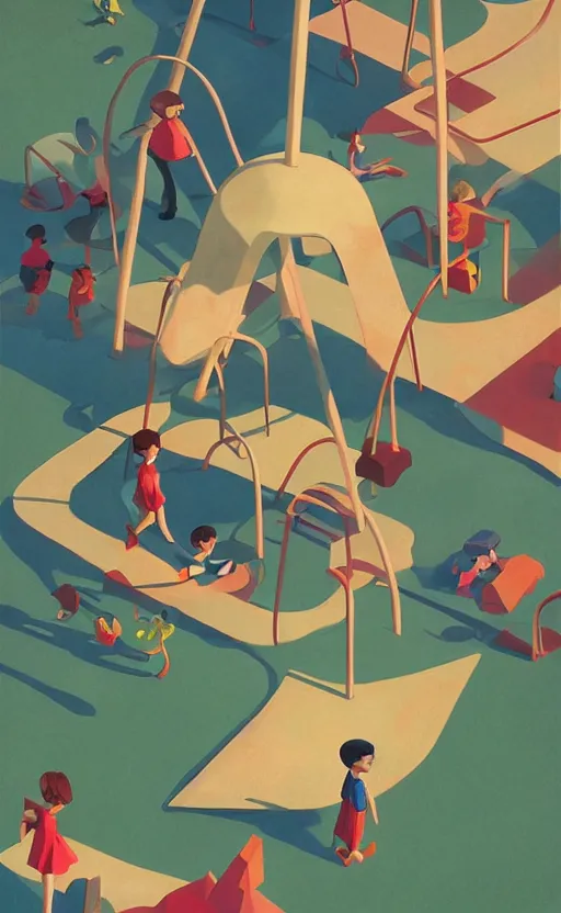 Prompt: children playground, fun whimsical surreal illustration, by atey ghailan and escher and edward hopper