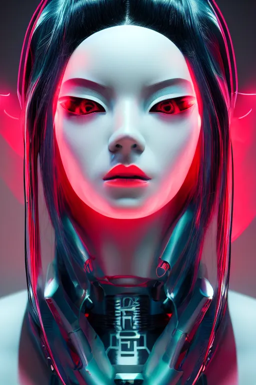 Image similar to cyber geisha by Ash Thorp and Andrei Riabovitchev, red green LED lights, extremely beautiful and proportionate face, sharp focus, hyper detailed, octane render, biomechanical