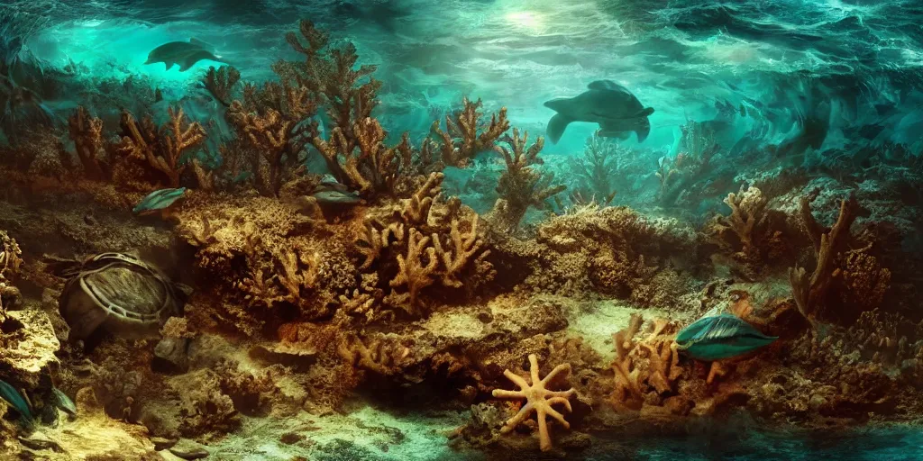 Image similar to underwater shipwreck!!! surrounded by coral and dolphins and sea turtles, caustics, shallow depth of field, moody lighting, 8 k, concept art,