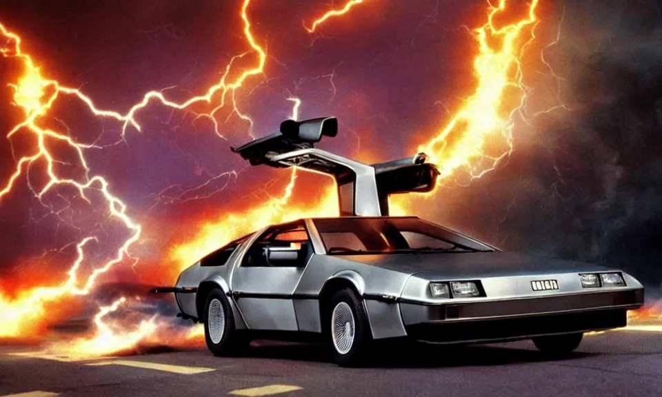 Prompt: scene from back to the future, delorean from back to the future driving very fast, lightning around the car, fire on the road, driving through a portal, motion blur