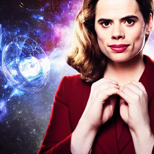 Prompt: a beautiful full body photograph of hayley atwell as'doctor who ', time vortex in the background, detailed face, symmetrical face, extreme realism and detail, 8 k, completely framed, direct lighting, 3 5 mm photo, photorealistic, sharp focus