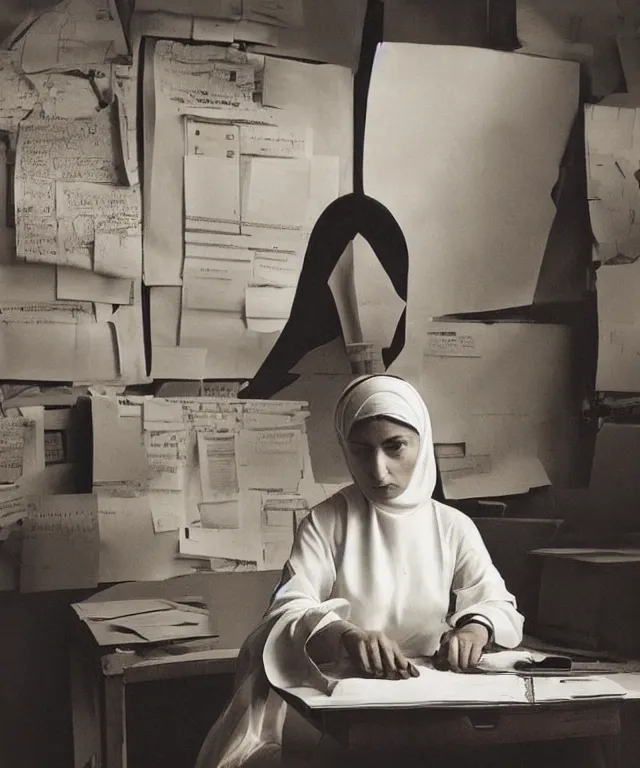 Prompt: a color photograph of fateme jalali in her workplace, by thomas ruff, out of place, intense, bold, hyperrealistic, ultra sharp, extra details, ultra high quality, trending on pinteresst