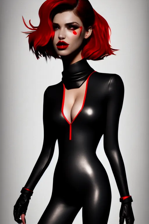 Image similar to dreamy girl character with perfect body in a nice black leather suit and red lips, very artistic pose, perfect lighting. professional design. great composition, illustration, highly detailed, digital painting, concept art, trending on artstation, unreal engine 5, ray tracing