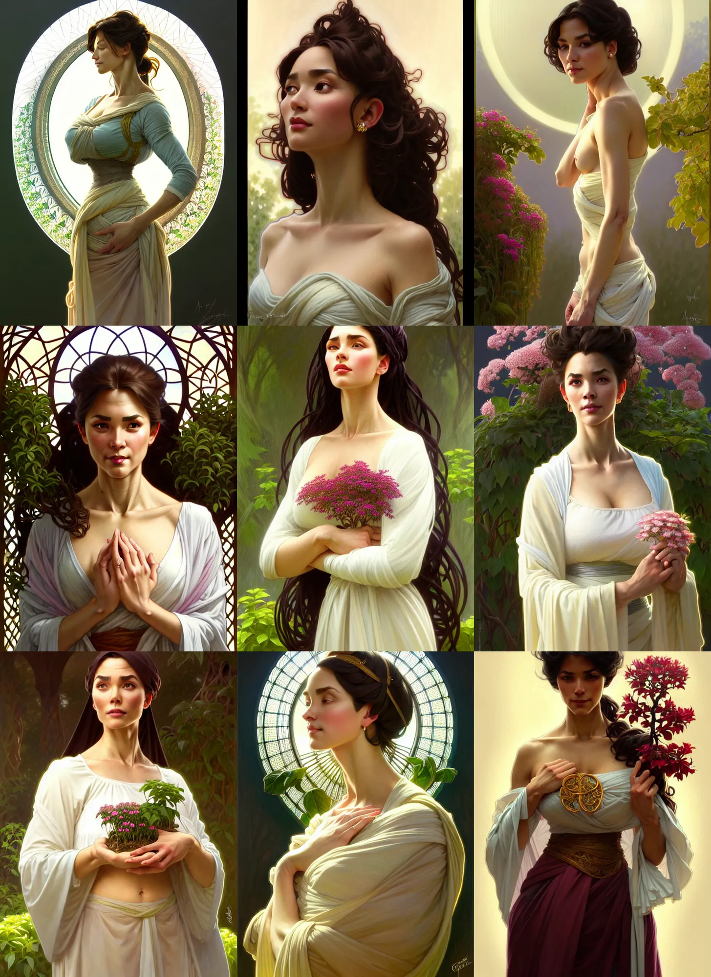 Image similar to character concept portrait of me as modest wife blessed by god to grow ever - more intelligent beautiful voluminous muscular tall and healthy. modestly clothed, in garden, intricate, elegant, highly detailed, digital painting, artstation, concept art, symmetry, smooth, sharp focus, illustration, art by artgerm and greg rutkowski and alphonse mucha