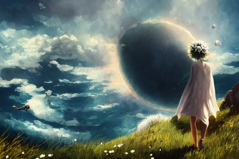 Image similar to giant white daisy flower on head, girl walking on cliff, surreal photography, solar eclipse, milky way, dramatic light, impressionist painting, clouds, digital painting, artstation, james gilleard, liam wong, jeremy mann, simon stalenhag