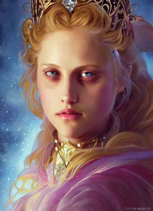 Image similar to beautiful young happy teresa palmer as the aurora sleeping beauty princess, closeup, d & d, fantasy, intricate, elegant, highly detailed, digital painting, artstation, concept art, matte, sharp focus, illustration, art by artgerm and greg rutkowski and alphonse mucha