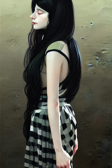 Image similar to mysterious girl with her long black hair dressed in a chequered robe anime art style, digital art by ilya kuvshinov, inspired by balthus, hd, 4 k, hyper detailed