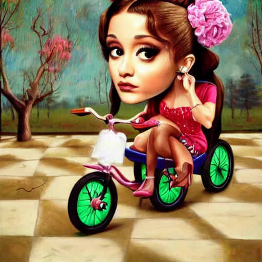 Image similar to Ariana Grande on a tricycle, lowbrow painting by Mark Ryden