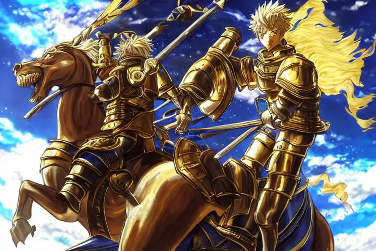 Prompt: an ultra detailed portrait of king richard the lionhearted as a paladin shonen anime protagonist charging into battle wearing bright gold armor and riding a horse blessed by god, epic anime fantasy, 8 k, volumetric lighting, smooth, highly detailed, digital illustration, art by kentaro miura and akira toriyama and artgerm