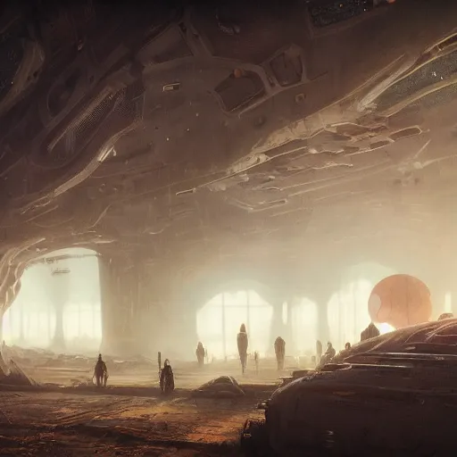 Image similar to thousands of people waiting to enter spaceship in a dry post apocalyptic land, stephen bliss, misty, unreal engine, pixar, fantasy art by greg rutkowski, loish, ferdinand knab, and lois van rossdraws, global illumination, radiant light, minimalist, detailed and intricate environment