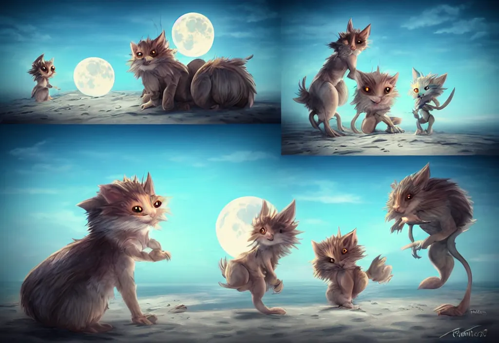 Prompt: cute fantasy critters at the beach looking at the moon, ultra realistic, concept art, highly detailed