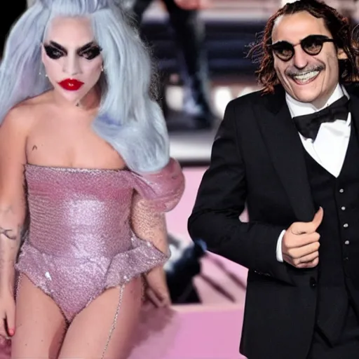 Prompt: mimmo rottela as joaquin phoenix skinny joker holding hand lady gaga harley queen