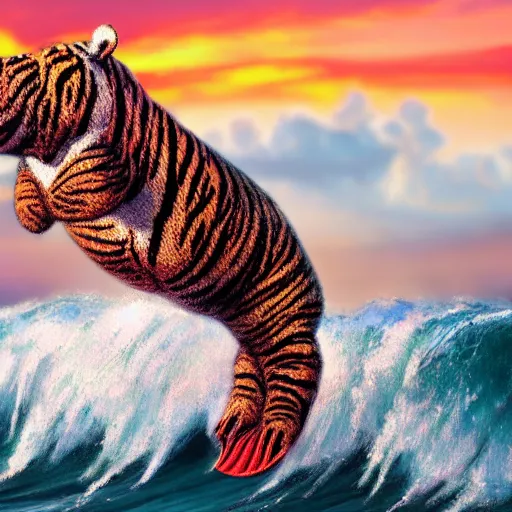 Image similar to a closeup photorealistic photograph of a cute smiling knitted tiger hippopotamus riding a wave at sunset. surf in background. professional capture. brightly lit scene. this 4 k hd image is trending on artstation, featured on behance, well - rendered, extra crisp, features intricate detail, epic composition and the style of unreal engine.