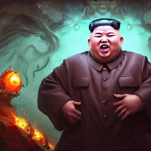 Image similar to portrait of kim - jong un as buddha, league of legends amazing splashscreen artwork, gears of war, splash art, natural light, elegant, photorealistic facial features, intricate, fantasy, detailed face, atmospheric lighting, anamorphic lens flare, cinematic lighting, league of legends splash art, hd wallpaper, ultra high details by greg rutkowski