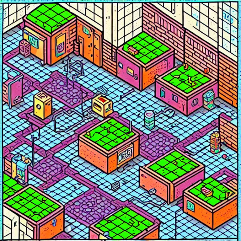 Image similar to an absurdly-detailed isometric cyberpunk alleyway colored-pen drawing as a fancy square tile. Cats and Robots and Potted-Plants.