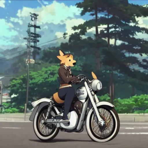 Image similar to A corgi on a motorcycle in an anime film by Makoto Shinkai