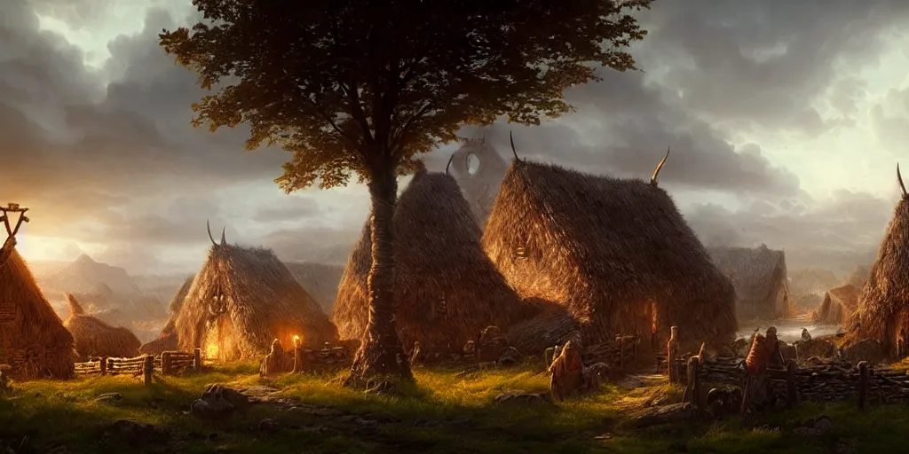 Image similar to beautiful viking village, digital art, landscape, fantasy art, octane render, ureal engine, high detail, very realistic, by greg rutkowski. by james gurney