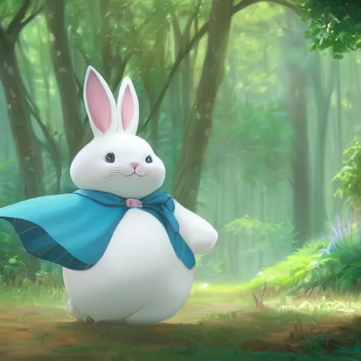 Image similar to concept art painting of a chubby white rabbit wearing a turquoise dress, in the deep forest, realistic, detailed, cel shaded, in the style of makoto shinkai and greg rutkowski and james gurney