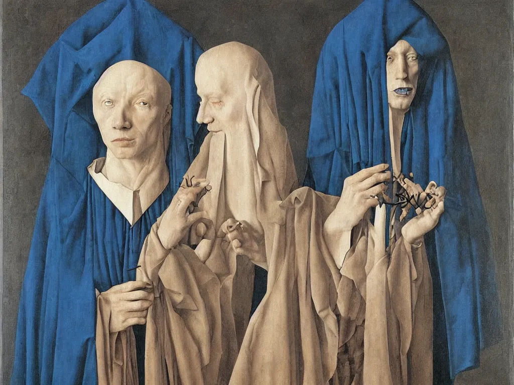 Image similar to Portrait of albino mystic with blue eyes, with cross. Painting by Jan van Eyck, Audubon, Rene Magritte, Agnes Pelton, Max Ernst, Walton Ford